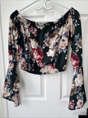 Fairycore Off-Shoulder Peasant Green Crop Top Bell Sleeves Pink & Cream Roses S